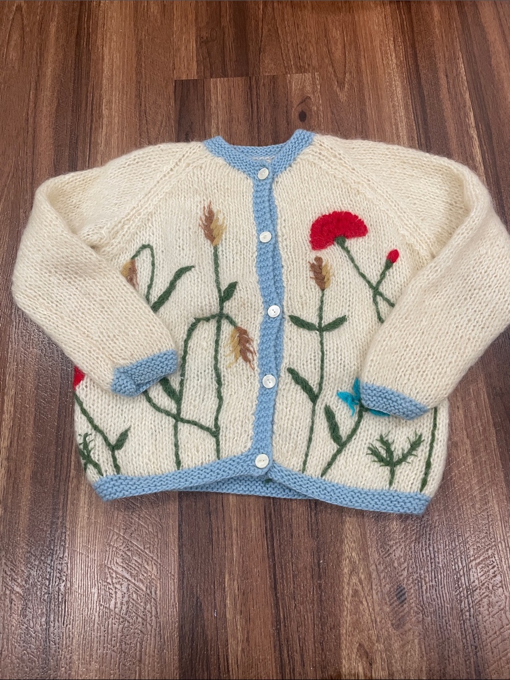 Vintage Cream Floral Cardigan with Blue Trim